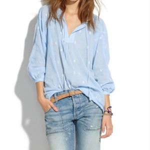 Madewell Embroidered Boho Tassel Cotton Tunic Blouse Top Blue Medium